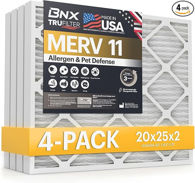 TruFilter 20x25x2 Air Filter MERV 11 (4-Pack) - MADE IN USA - Allergen Defense Electrostatic Pleated Air Conditioner HVAC AC