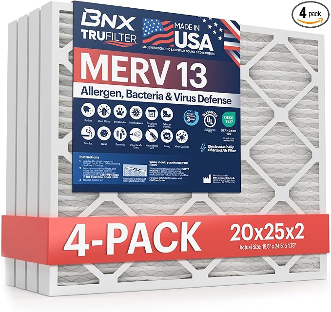 TruFilter 20x25x2 MERV 13 (4-Pack) AC Furnace Air Filter - MADE IN USA - Electrostatic Pleated Air Conditioner HVAC AC