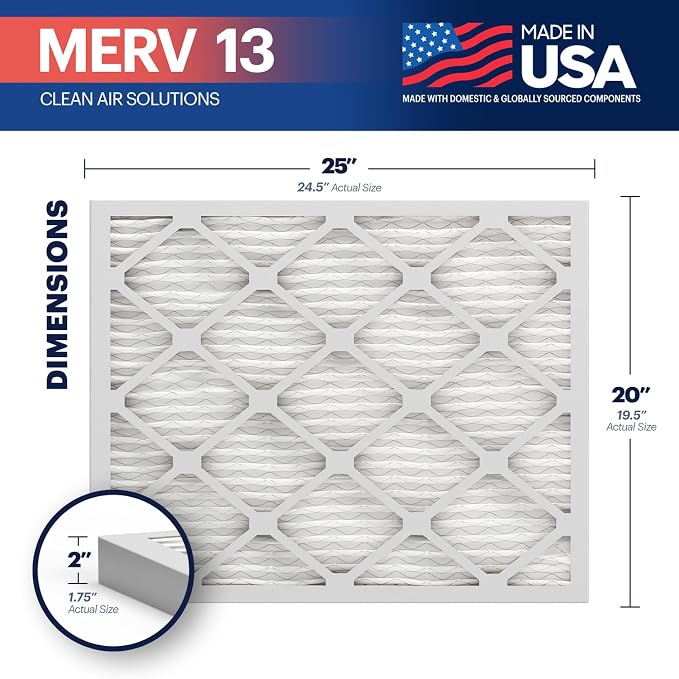 TruFilter 20x25x2 MERV 13 (4-Pack) AC Furnace Air Filter - MADE IN USA - Electrostatic Pleated Air Conditioner HVAC AC