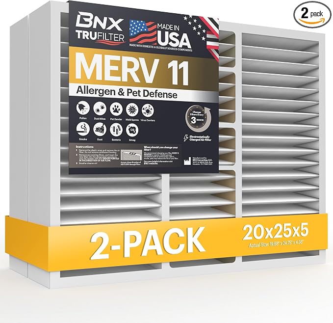 TruFilter 20x25x5 (19.88’’ x 24.75’’ x 4.38‘ Compatible 4”) MERV 11 Air Filter (2-Pack) - MADE IN USA - HVAC AC