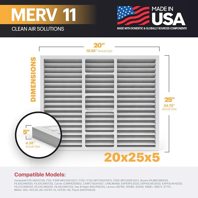TruFilter 20x25x5 (19.88’’ x 24.75’’ x 4.38‘ Compatible 4”) MERV 11 Air Filter (2-Pack) - MADE IN USA - HVAC AC