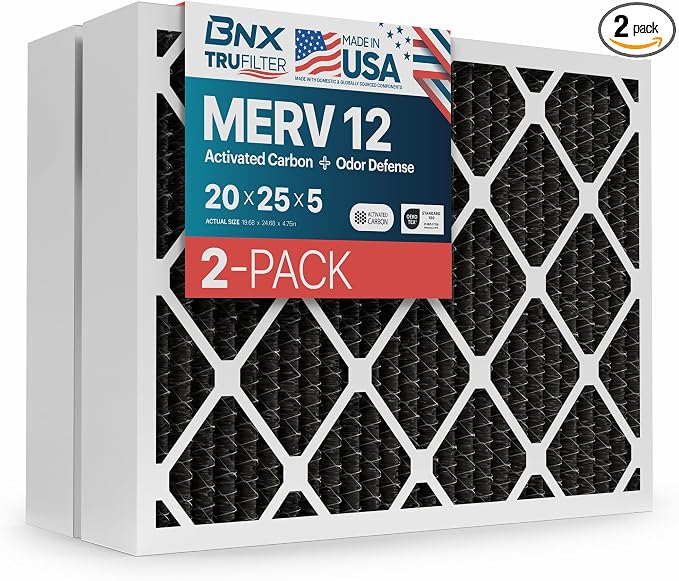 TruFilter 20x25x5 (19.88’’ x 24 75’’ x 4.38‘ Compatible 4”) MERV 12 Activated Carbon Air Filter (2-Pack) - MADE IN