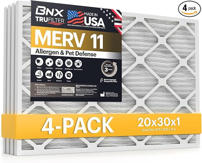 TruFilter 20x30x1 Air Filter MERV 11 (4-Pack) - MADE IN USA - Allergen Defense Electrostatic Pleated Air Conditioner HVAC AC
