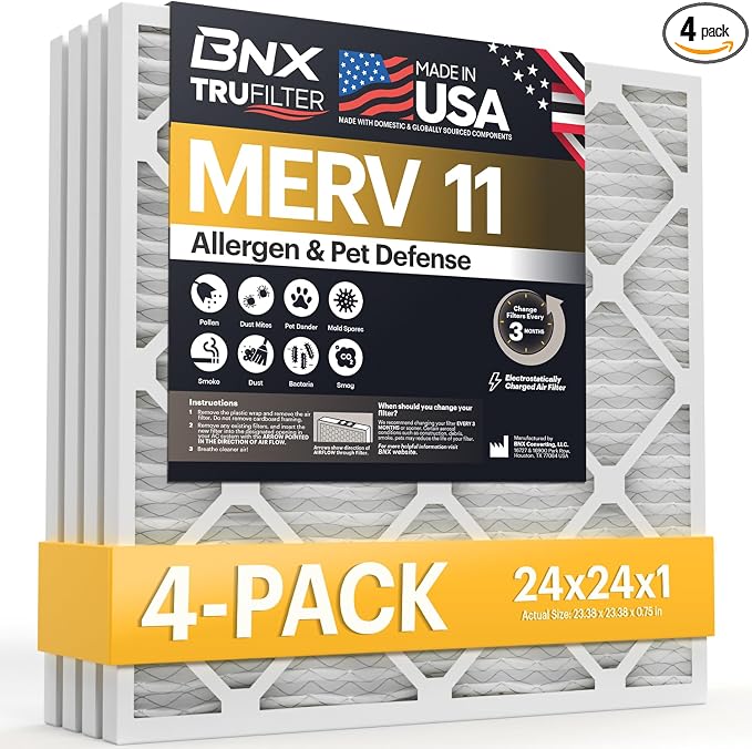 TruFilter 24x24x1 Air Filter MERV 11 (4-Pack) - MADE IN USA – Air Conditioner AC Furnace Filters for Allergies, Dust, Pet