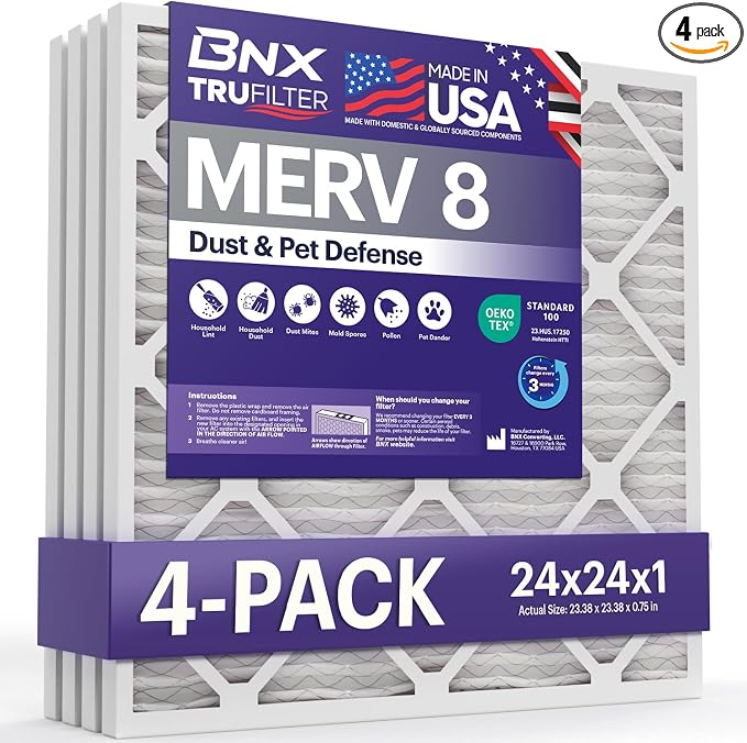 TruFilter 24x24x1 Air Filter MERV 8 (4-Pack) - MADE IN USA – Air Conditioner HVAC AC Furnace Filters for Dust, Pet, Mold