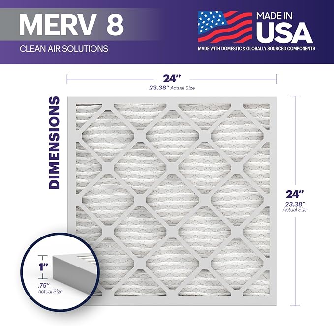 TruFilter 24x24x1 Air Filter MERV 8 (4-Pack) - MADE IN USA – Air Conditioner HVAC AC Furnace Filters for Dust, Pet, Mold