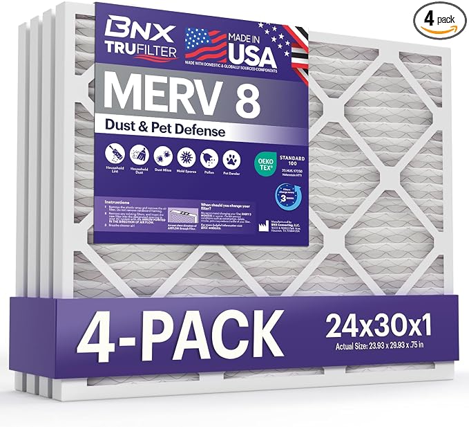 TruFilter 24x30x1 Air Filter MERV 8 (4-Pack) - MADE IN USA – Dust & Pet Defense Electrostatic Pleated Air Conditioner HVAC AC