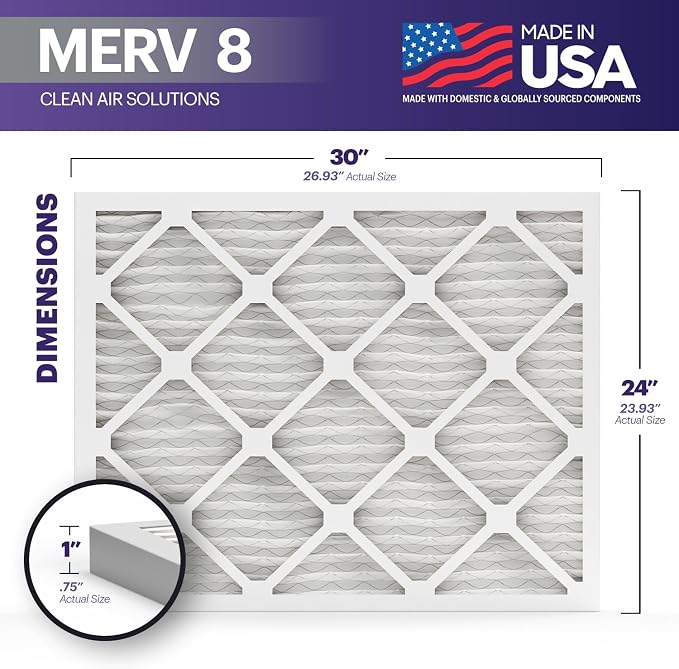 TruFilter 24x30x1 Air Filter MERV 8 (4-Pack) - MADE IN USA – Dust & Pet Defense Electrostatic Pleated Air Conditioner HVAC AC