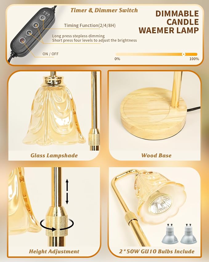 Tulip Candle Warmer Lamp, Adjustable Height, Dimmable Candle Warmer with Timer, Mom Womens Gifts for Birthday, Unique Home