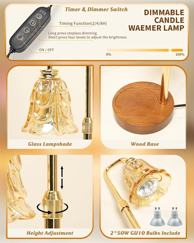 Tulip Candle Warmer Lamp, Adjustable Height, Dimmable Candle Warmer with Timer, Mom Womens Gifts for Birthday, Unique Home