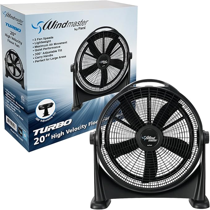 Turbo 20” High-Velocity Floor Fan - Quiet Portable Fan With 3 Speed Levels & Carry Handle- Adjustable Head