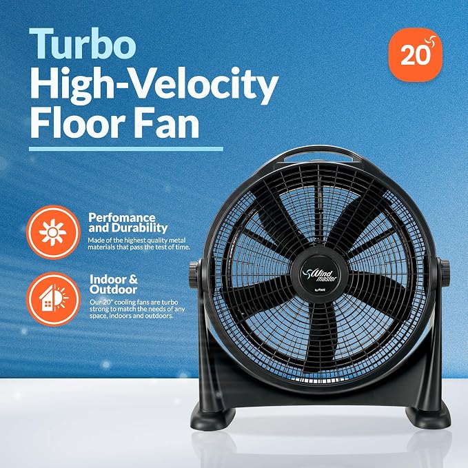 Turbo 20” High-Velocity Floor Fan - Quiet Portable Fan With 3 Speed Levels & Carry Handle- Adjustable Head, alternate view 2