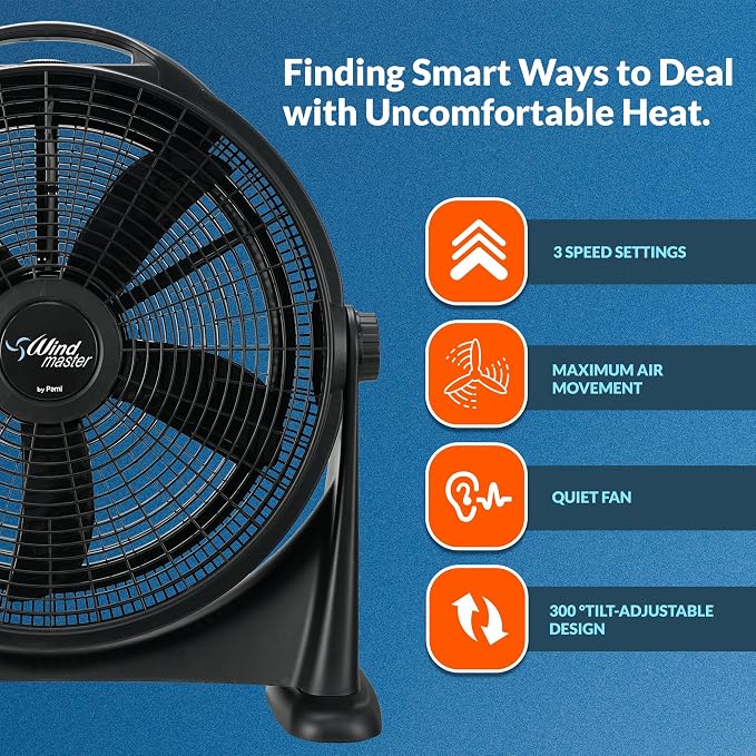 Turbo 20” High-Velocity Floor Fan - Quiet Portable Fan With 3 Speed Levels & Carry Handle- Adjustable Head, alternate view 3