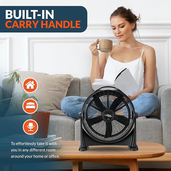 Turbo 20” High-Velocity Floor Fan - Quiet Portable Fan With 3 Speed Levels & Carry Handle- Adjustable Head, alternate view 5