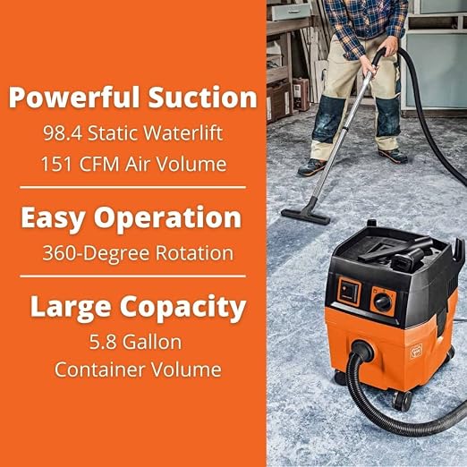 Turbo I Wet/Dry Dust Extractor, Ultra-Quiet Vacuum - 5.8-Gallon Capacity, 151 CFM Suction, Anti-Static System, 13 ft Hose, 19