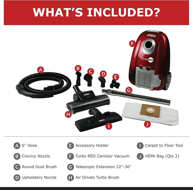 Turbo Red AHC-1 HEPA Canister Vacuum Cleaner – Powerful 1,400W Variable Speed Motor, Lightweight 6-Quart Bag Design, 3-Stage