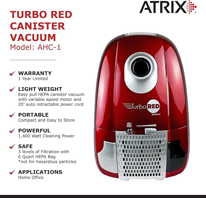 Turbo Red AHC-1 HEPA Canister Vacuum Cleaner – Powerful 1,400W Variable Speed Motor, Lightweight 6-Quart Bag Design, 3-Stage