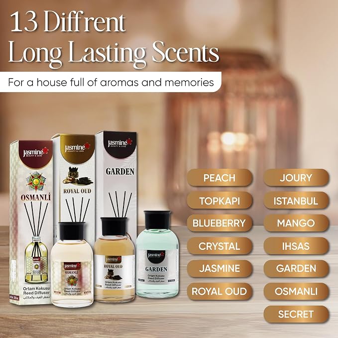 Turkish Jasmine Reed Diffuser Set 3.72 Fl. Oz (110ml), with 4 Reed Sticks. for Your Office, Bedroom, Bathroom, Kitchen.