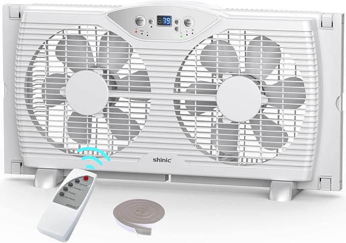 Twin Window Fan, 9-Inch Blades Reversible Airflow, Thermostat Control, 3 Speeds, 23.8"-37" Expandable Width, Window Exchaust