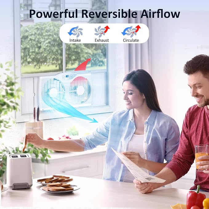 Twin Window Fan, 9-Inch Blades Reversible Airflow, Thermostat Control, 3 Speeds, 23.8"-37" Expandable Width, Window Exchaust