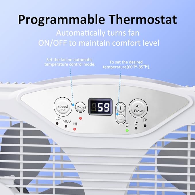 Twin Window Fan, 9-Inch Blades Reversible Airflow, Thermostat Control, 3 Speeds, 23.8"-37" Expandable Width, Window Exchaust