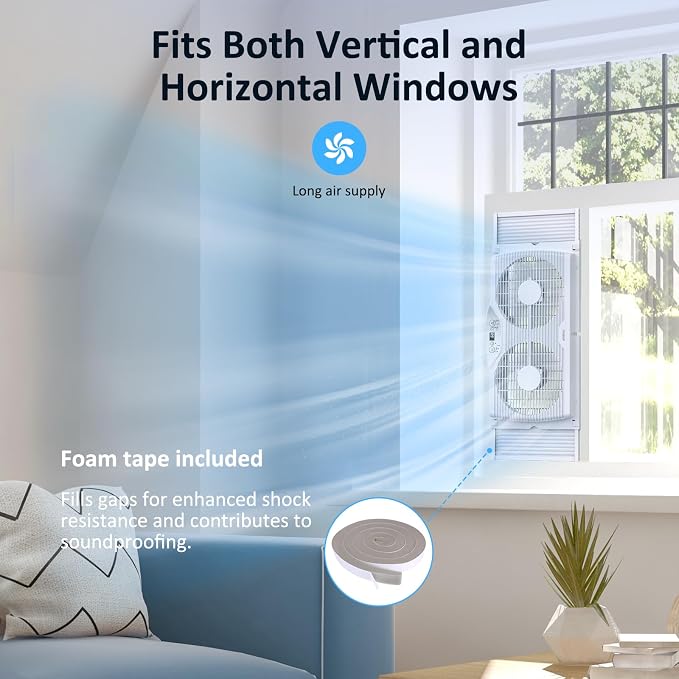 Twin Window Fan, 9-Inch Blades Reversible Airflow, Thermostat Control, 3 Speeds, 23.8"-37" Expandable Width, Window Exchaust