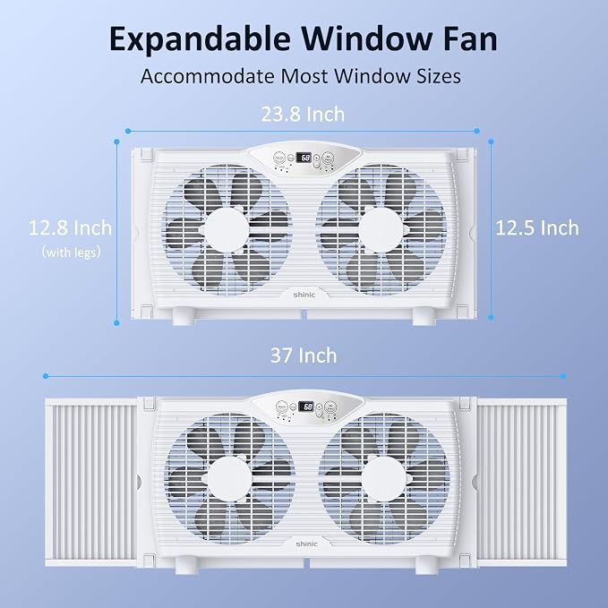 Twin Window Fan, 9-Inch Blades Reversible Airflow, Thermostat Control, 3 Speeds, 23.8"-37" Expandable Width, Window Exchaust