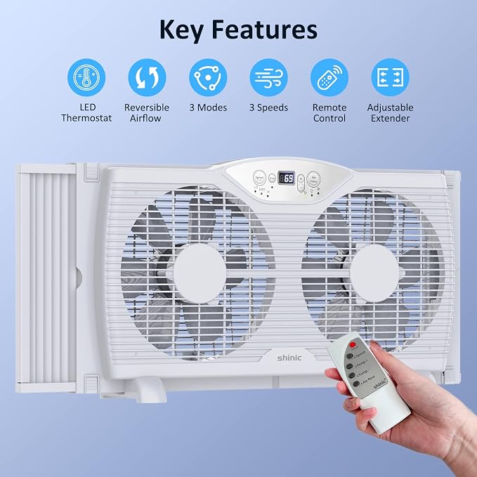 Twin Window Fan, 9-Inch Blades Reversible Airflow, Thermostat Control, 3 Speeds, 23.8"-37" Expandable Width, Window Exchaust