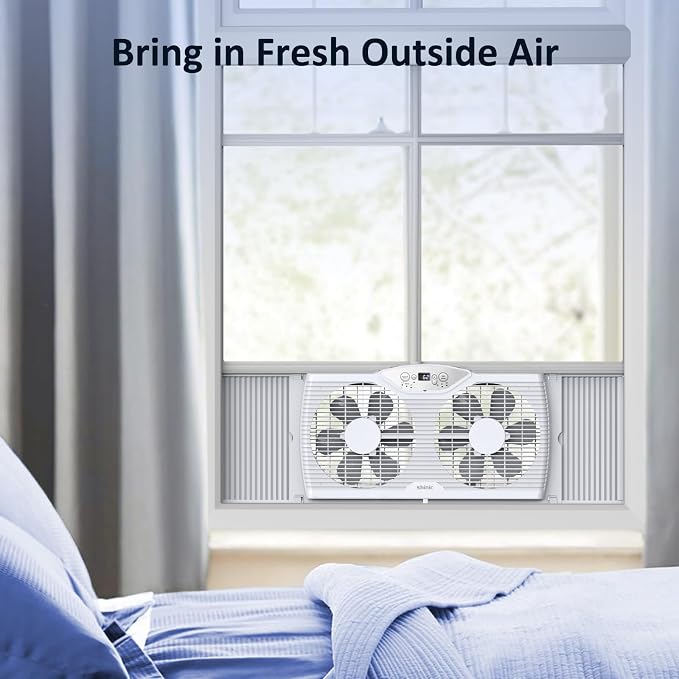 Twin Window Fan, 9-Inch Blades Reversible Airflow, Thermostat Control, 3 Speeds, 23.8"-37" Expandable Width, Window Exchaust