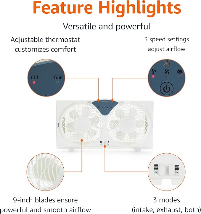 Twin Window Fan with Reversible Airflow, 3 Speeds, Exhaust, Expandable Side Panel, Digital Control, 9 inch, 78W, White
