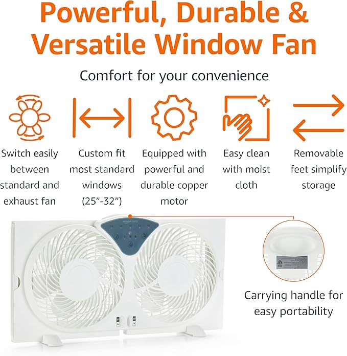 Twin Window Fan with Reversible Airflow, 3 Speeds, Exhaust, Expandable Side Panel, Digital Control, 9 inch, 78W, White
