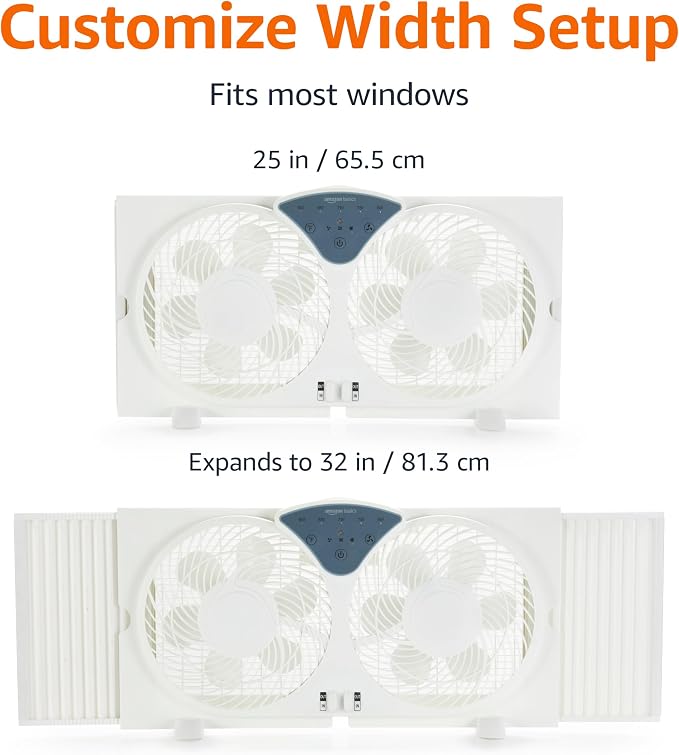 Twin Window Fan with Reversible Airflow, 3 Speeds, Exhaust, Expandable Side Panel, Digital Control, 9 inch, 78W, White