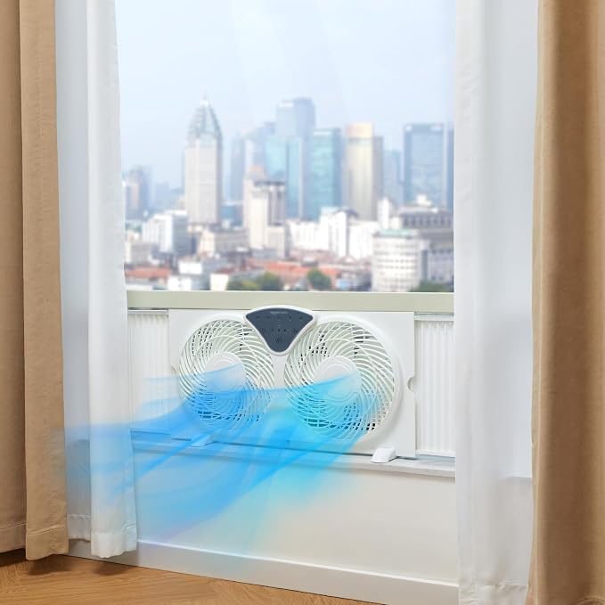 Twin Window Fan with Reversible Airflow, 3 Speeds, Exhaust, Expandable Side Panel, Digital Control, 9 inch, 78W, White