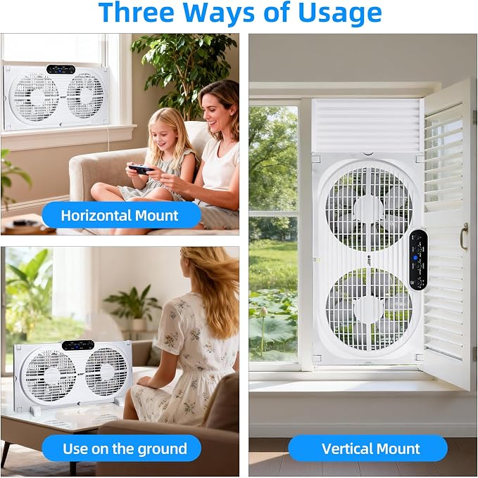 Twin Window Fan with Reversible Airflow, 9-Inch Window Fan with Remote Control and 3 Speeds, Expandable Window Exchaust Fans