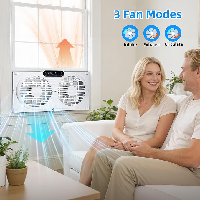 Twin Window Fan with Reversible Airflow, 9-Inch Window Fan with Remote Control and 3 Speeds, Expandable Window Exchaust Fans