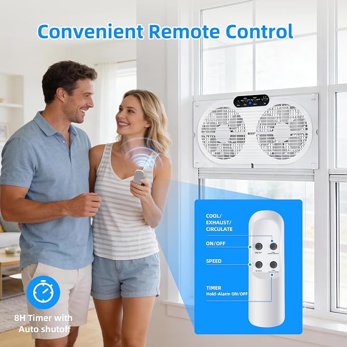 Twin Window Fan with Reversible Airflow, 9-Inch Window Fan with Remote Control and 3 Speeds, Expandable Window Exchaust Fans
