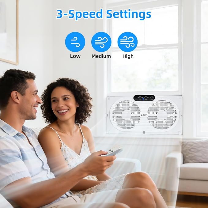 Twin Window Fan with Reversible Airflow, 9-Inch Window Fan with Remote Control and 3 Speeds, Expandable Window Exchaust Fans