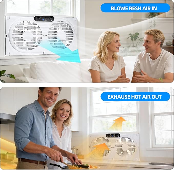 Twin Window Fan with Reversible Airflow, 9-Inch Window Fan with Remote Control and 3 Speeds, Expandable Window Exchaust Fans