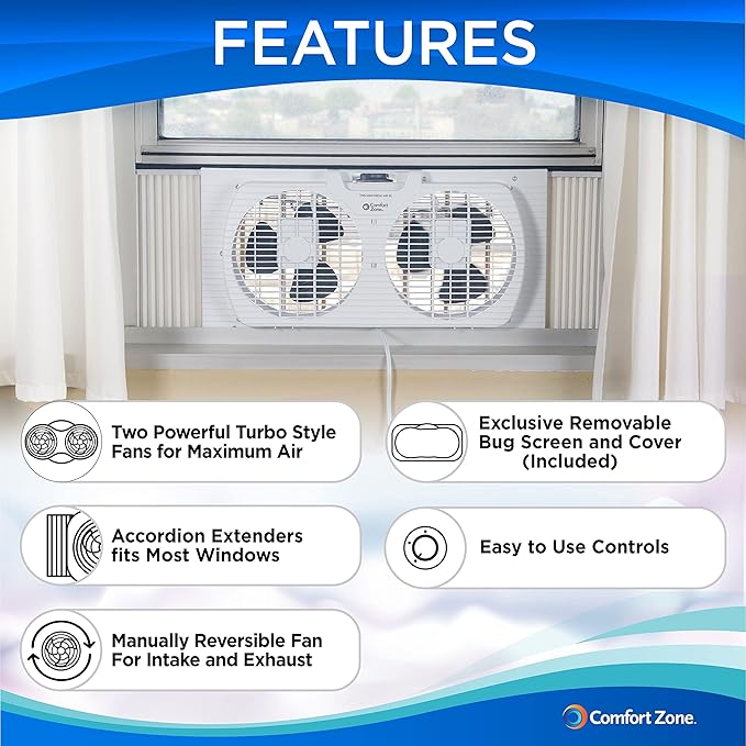 Twin Window Fan with Reversible Airflow Control, 9 inch, Auto-Locking Expanders, 2 Speed Fan, Dual Fan, Exhaust, Airflow 9.84