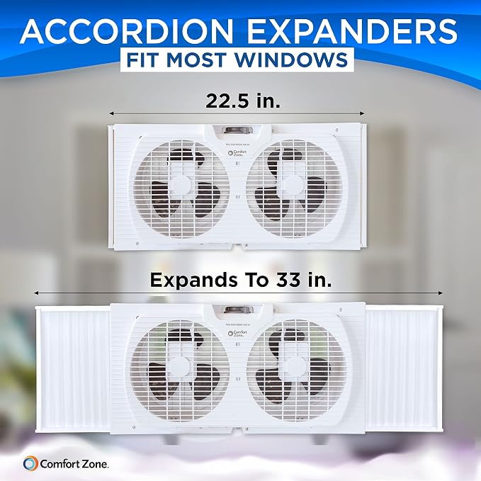 Twin Window Fan with Reversible Airflow Control, 9 inch, Auto-Locking Expanders, 2 Speed Fan, Dual Fan, Exhaust, Airflow 9.84