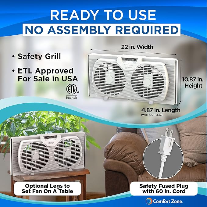 Twin Window Fan with Reversible Airflow Control, 9 inch, Auto-Locking Expanders, 2 Speed Fan, Dual Fan, Exhaust, Airflow 9.84