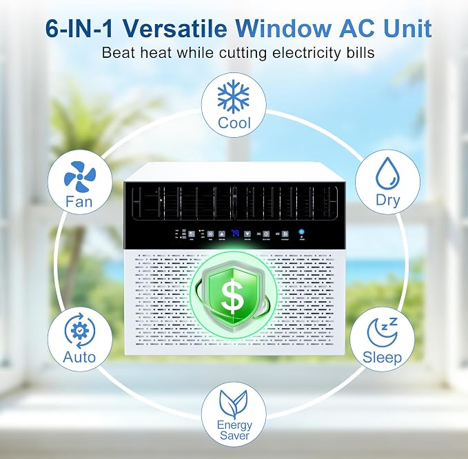U-Shaped Window Air Conditioner 10,000 BTU, Ultra Quiet Window AC Units Cools up to 450 Sq. Ft, 6 Modes, 24H Timer, Remote