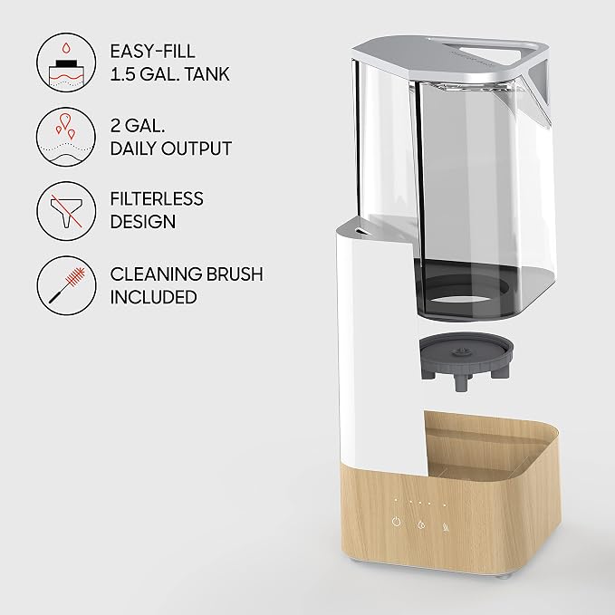 UHS2-SI Ultrasonic Humidifier with 1.5 Gallon Tank, 3 Levels of Warm or Cool Mist, Auto Shut, White, UHS2-SI – 1.5 gallon