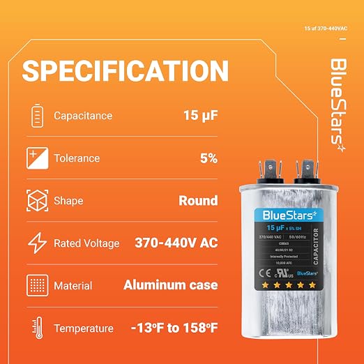 UL Certified] 15 uF MFD 370-440V Oval Run Start Capacitor CBB65 – Replacement for AC Motor, Condenser, and Heat, alternate