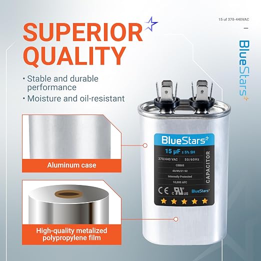 UL Certified] 15 uF MFD 370-440V Oval Run Start Capacitor CBB65 – Replacement for AC Motor, Condenser, and Heat, alternate