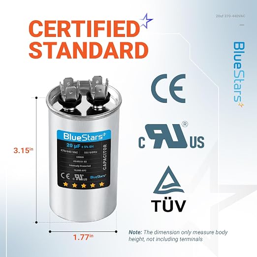 UL Certified] 20 uF MFD uf ± 5% MFD 370 V VAC or 440 Volt CBB65 Multi-Purpose Motor Run Round Capacitor 10000AFC - Compatible