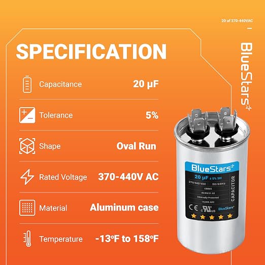 UL Certified] 20 uF MFD uf ± 5% MFD 370 V VAC or 440 Volt CBB65 Multi-Purpose Motor Run Round Capacitor 10000AFC - Compatible