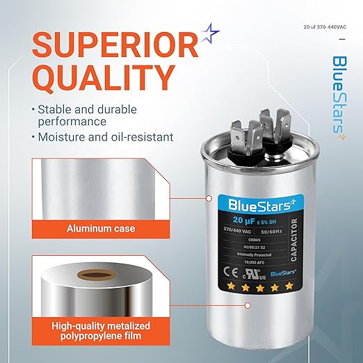 UL Certified] 20 uF MFD uf ± 5% MFD 370 V VAC or 440 Volt CBB65 Multi-Purpose Motor Run Round Capacitor 10000AFC - Compatible