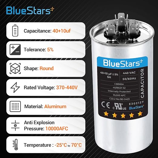 UL Certified] 40+10 uf 40+10 MFD 370-440VAC ±5% Volts Round Run Start Capacitor Electric Replacement Part by, alternate view
