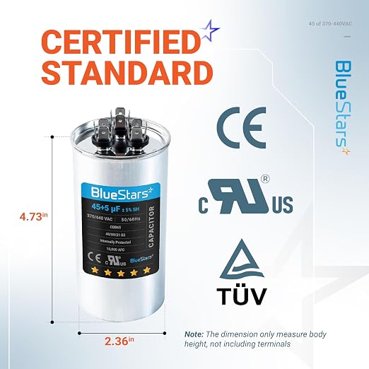 UL Certified] 45+5 uF 45/5 MFD 370V or 440V AC Dual Circular Run Start Capacitor CBB65 50/60 Hz - Fit Air Conditioner Motor